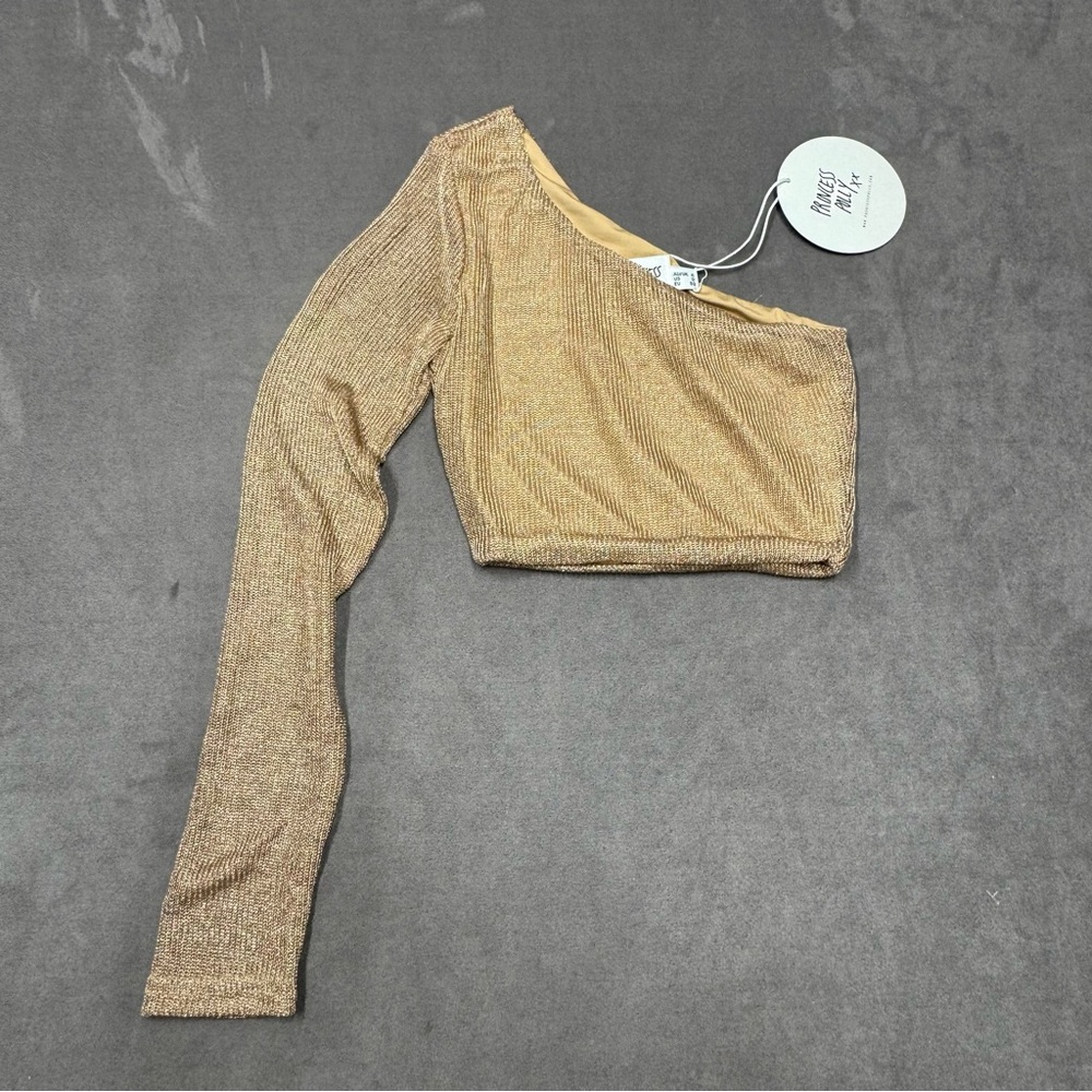 Princess Polly gold metallic one shoulder long sleeve crop top women’s US 0 NWT